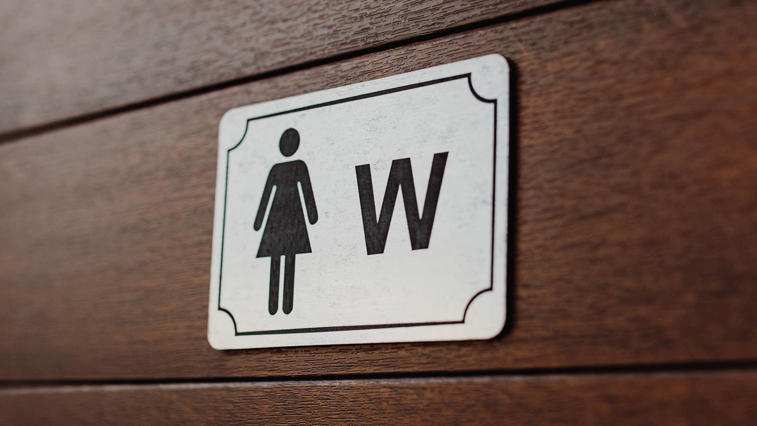 Placard mounted on a restroom door displaying a feminine icon and the letter W for women.