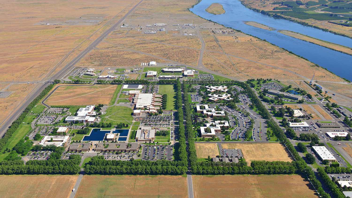 An aerial view of the Richland Campus at the Pacific Northwest National Laboratory.