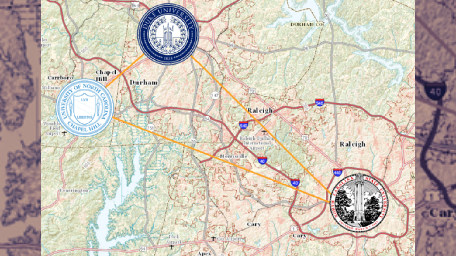 A map of 3 major universities within the Research Triangle: NC State, UNC-Chapel Hill, Duke.