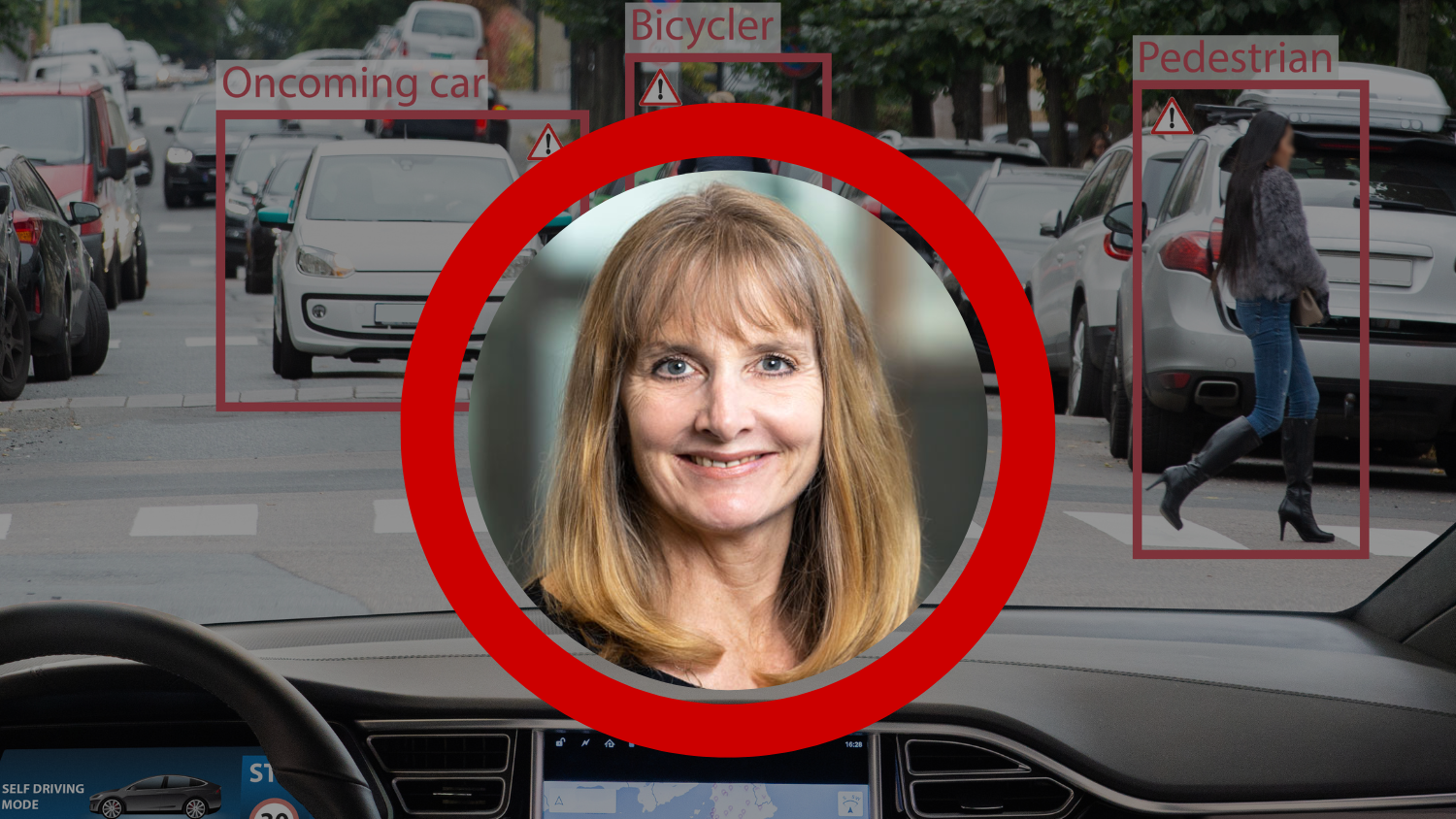 Headshot of Cummings, overlaid on the driver's view from a self-driving vehicle, with objects in view labeled Pedestrian, Oncoming Car, Bicyclist.