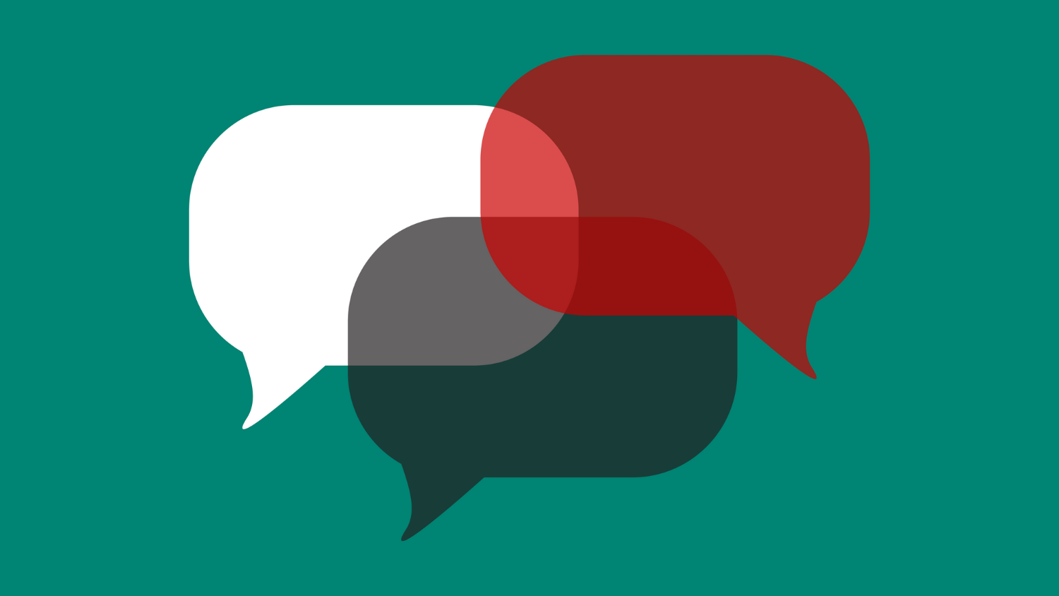 Three different colored speech bubbles - white, black, red - on a teal background.
