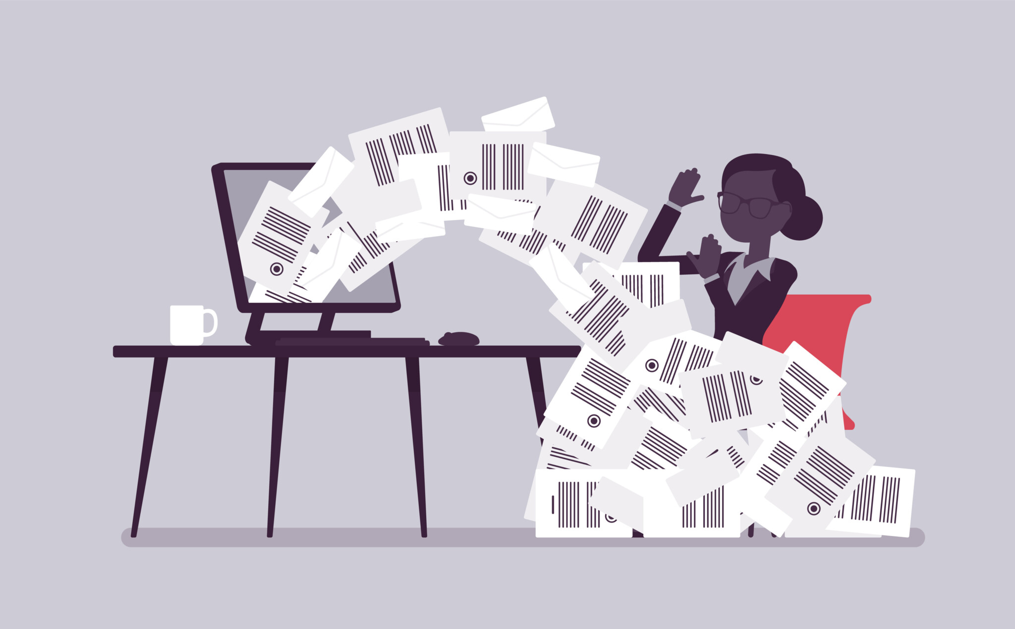 Illustration of an office worker overloaded with paperwork from the computer. A heap of letters and information tumbles toward her.