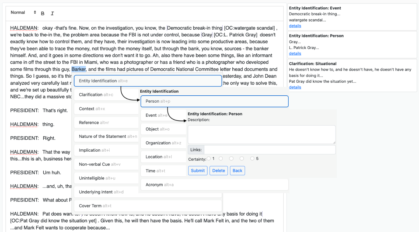 Figure 2. Screenshot of our prototype annotation tool showing creation of an Entity Identification operator comment