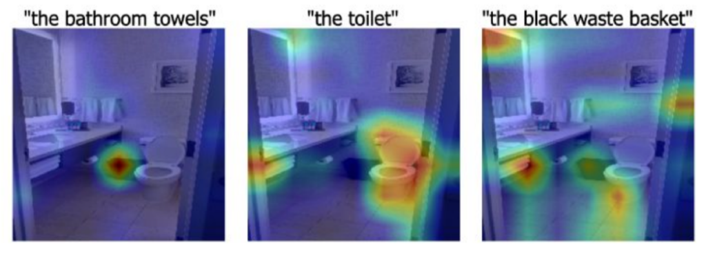 Three heat maps of the bathroom photo. The phrase "the bathroom towels" shows a heat map mistakenly focused on the waste basket. "The toilet" shows a heat map correctly focused on the toilet. "The black waste basket" shows a heat map  focused on five areas of the bathroom photo. 