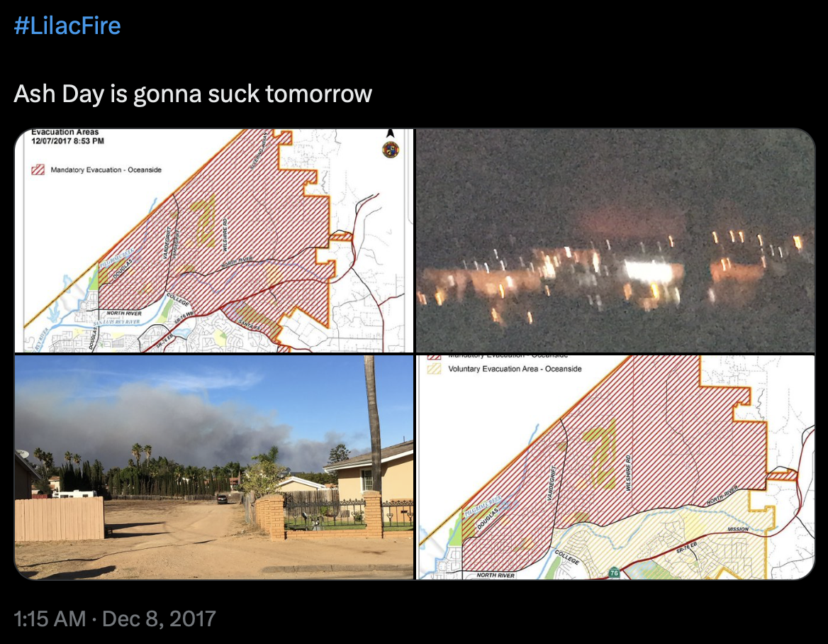 Images and maps posted on a social media platform of the Lilac fire.