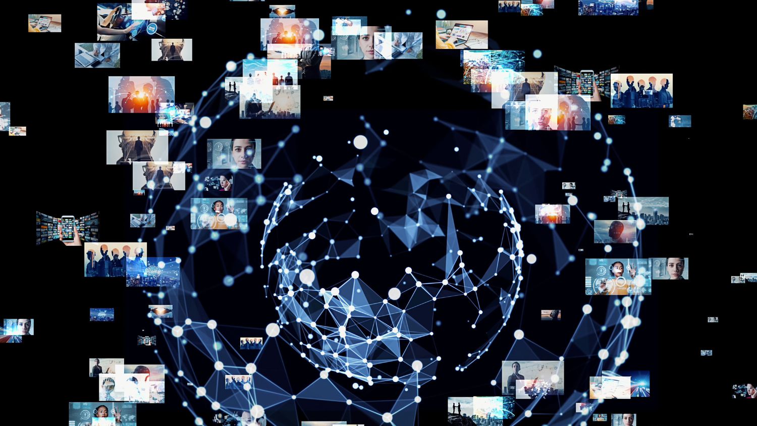 an abstract collection of photos and pinpoints of light swirl together in a sphere