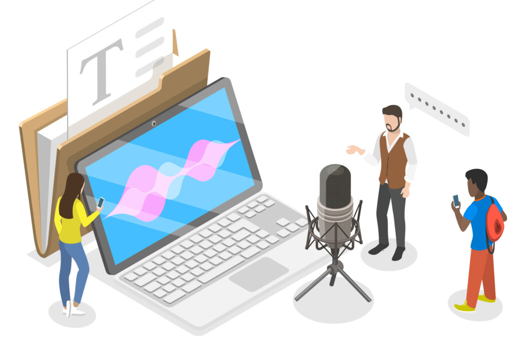 Illustration of people gathered around a microphone and a laptop